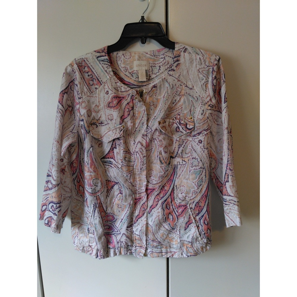 Womens Linen Full Zip Paisley Print Jacket Size 2  US 12/ M  Boho Coastal Resort